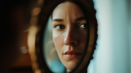 A Woman Gazing Into an Antique Mirror, Symbolizing Self-Reflection and Inner Discovery