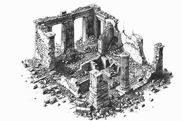 Fototapeta premium Building with a broken window and a pile of rubble. The building is in ruins. flat vector illustration