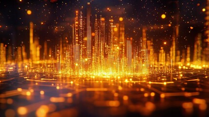 Fototapeta premium Futuristic glowing digital cityscape skyline. Virtual cityscape, innovation and technology. Cyber skyline, abstract and vibrant. Bright metropolis, high glow. Ideal for sci concepts advanced