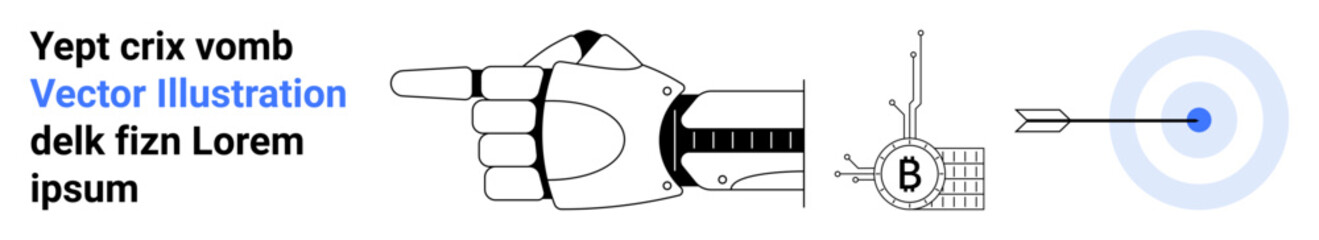 Futuristic robotic hand pointing towards bullseye target with arrow. Ideal for technology, innovation, precision, robotics, engineering, accuracy, and digital transformation. Landing page