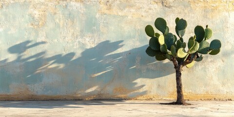 Tall Cactus Shadow on Rustic Wall in Desert Setting