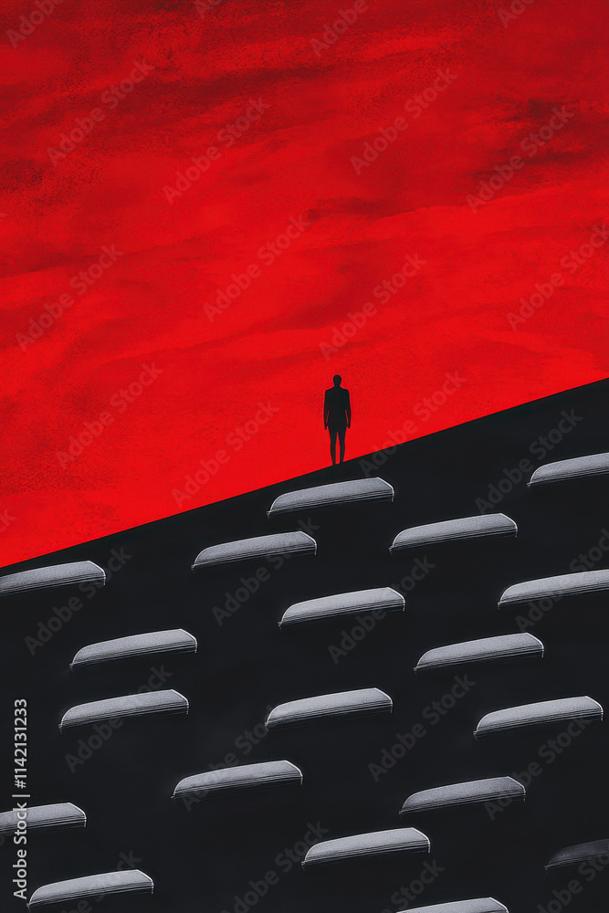 Poster exploring isolation and perspective: a minimalistic red and black silhouette art illustrating the em