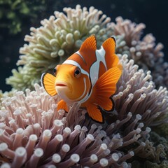 Clownfish hiding in anemone, peeking out at the camera, anemone,  clownfish,  sea creatures