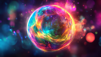 Magic fire orb icon with power light glow effect. Fantasy energy crystal sphere. Abstract circle fireball with flame flare design. Green, blue and pink isolated round neon element. Fortune bubble set