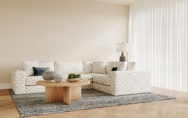 wallpaper mockup in Interior, a living room with a couch and a table with a vase, empty beige wall, 3d rendering	

