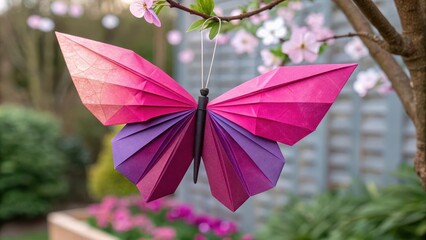 Colorful Origami Butterfly Hanging in Garden