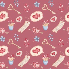 Seamless pattern on the Valentines day theme with watercolor hearts, love notes, heart shaped keys and flowers on the dusty pink background. Perfect for textile, fabric, wrapping, scrapbooking