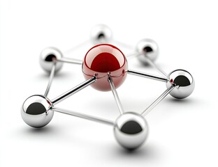 A red ball is surrounded by silver balls on a white surface