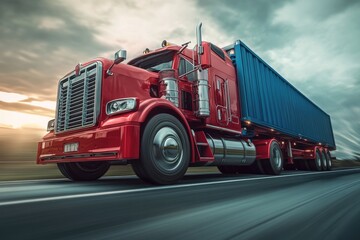 Fototapeta premium A large semi truck, painted in red and blue, is driving steadily down a road