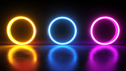 Set of futuristic neon portals on transparent background. Realistic vector illustration of round square holographic gate glowing in yellow, red, purple, blue. Virtual reality, cyber space podiums