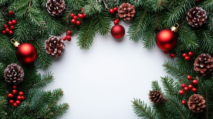 christmas background with baubles on white wall copy space