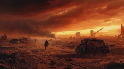 Survivors Traversing a Deserted Wasteland with Ruined Vehicles