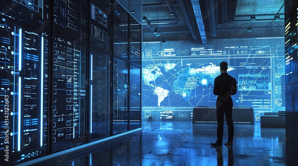 Poster futuristic it department with tech specialists monitoring advanced systems and cybersecurity