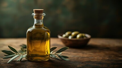A close-up of a bottle of extra virgin olive oil on a rustic wooden table, with a fresh green olive branch beside it, and a small bowl of olives in the background