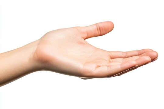 A womans hand reaches out toward something on a white background - Powered by Adobe
