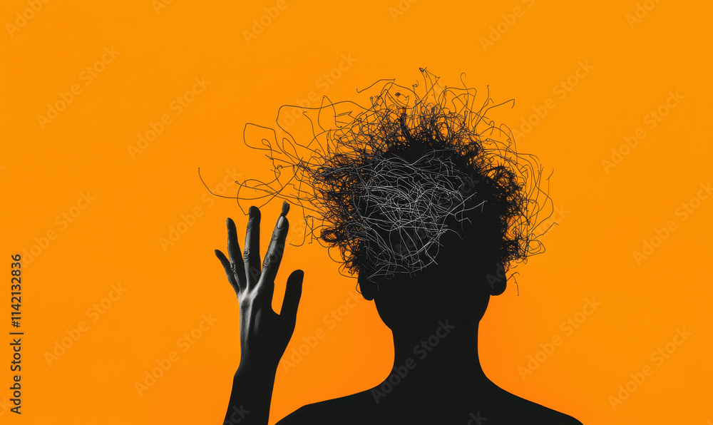 Poster exploring the complexity of the human mind: a silhouette representation of tangled thoughts on a viv