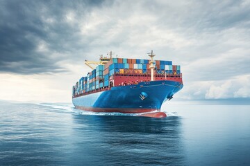 A large container ship is floating majestically on the ocean