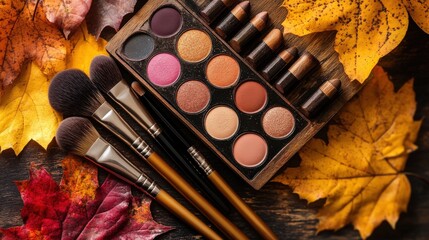 Autumn Makeup Palette With Brushes And Leaves