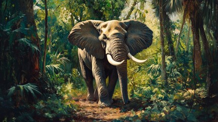 Fototapeta premium Majestic elephant walking through dense jungle nature scene wild environment vibrant viewpoint wildlife concept