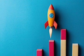 A rocket is soaring high above a colorful graph in the sky