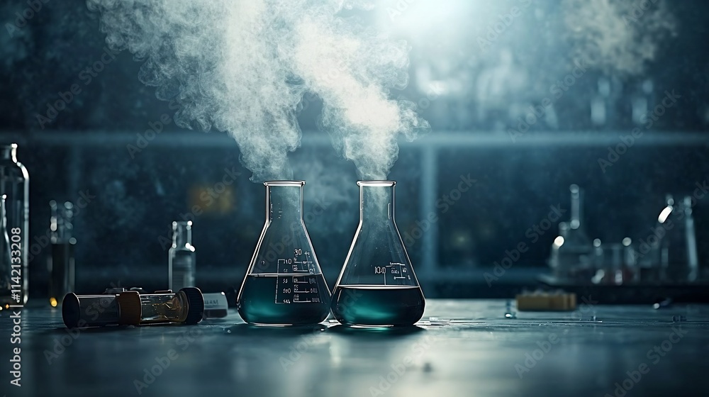 Poster a clean and minimal image showcasing boiling liquids in laboratory flasks with steam elegantly risin