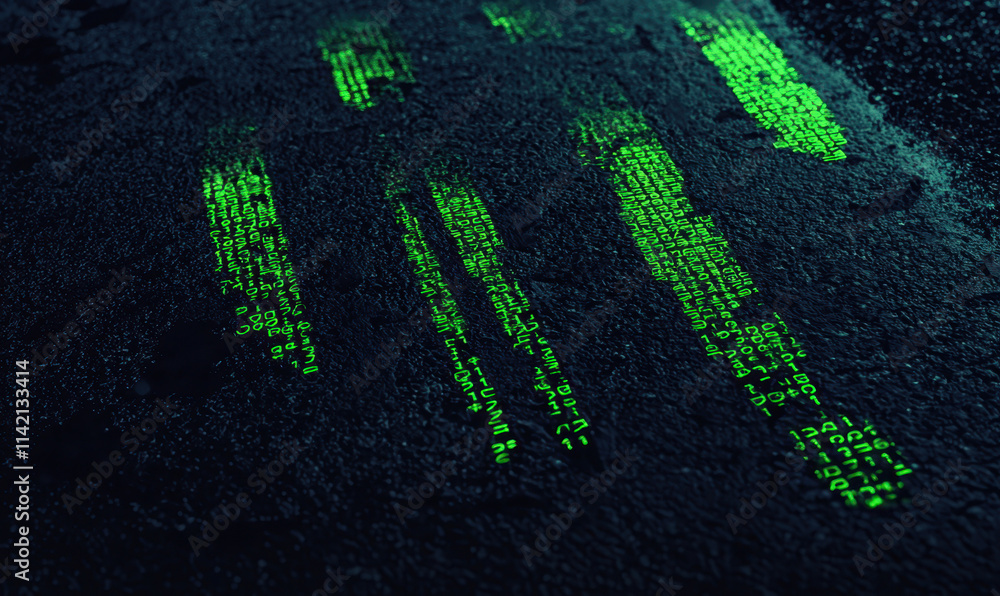 Poster futuristic digital matrix code glowing in cybernetic green amidst abstract technology background