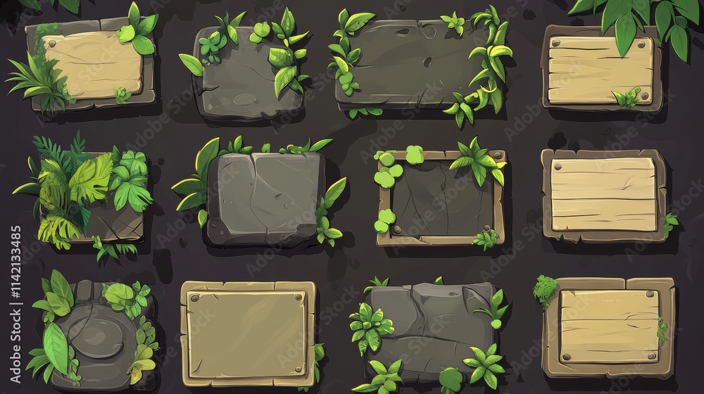 Poster stone game ui elements with jungle plant leaves and liana vines. cartoon vector set of rock frames a