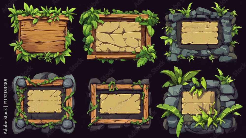 Poster stone game ui elements with jungle plant leaves and liana vines. cartoon vector set of rock frames a