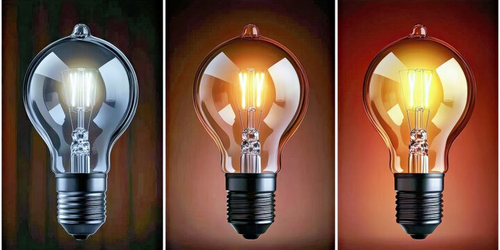 Vintage glowing incandescent lightbulb trio. The filament bulb emits warm illumination. Glass highlights electricity. Incandescent lighting complements retro decor. Ideal for vintage spaces.
