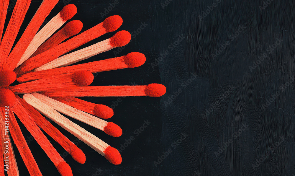 Poster dynamic abstract composition of vibrant red matches on dark backdrop, exploring contrast and minimal