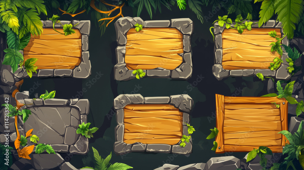 Poster stone game ui elements with jungle plant leaves and liana vines. cartoon vector set of rock frames a
