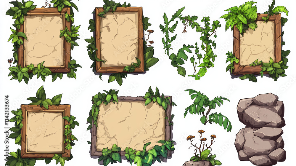 Poster stone game ui elements with jungle plant leaves and liana vines. cartoon vector set of rock frames a