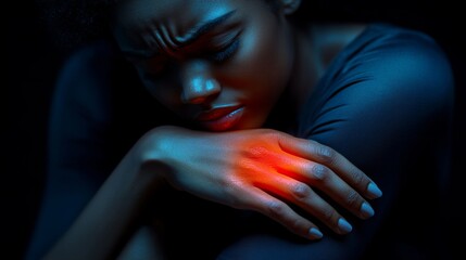 Close-up portrait of a person with glowing red and blue light on face
