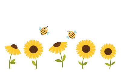 Fototapeta premium Set of sunflower icon signs and bee cartoons isolated on white background vector.