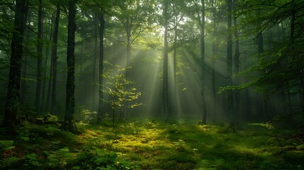 Misty forest with towering trees