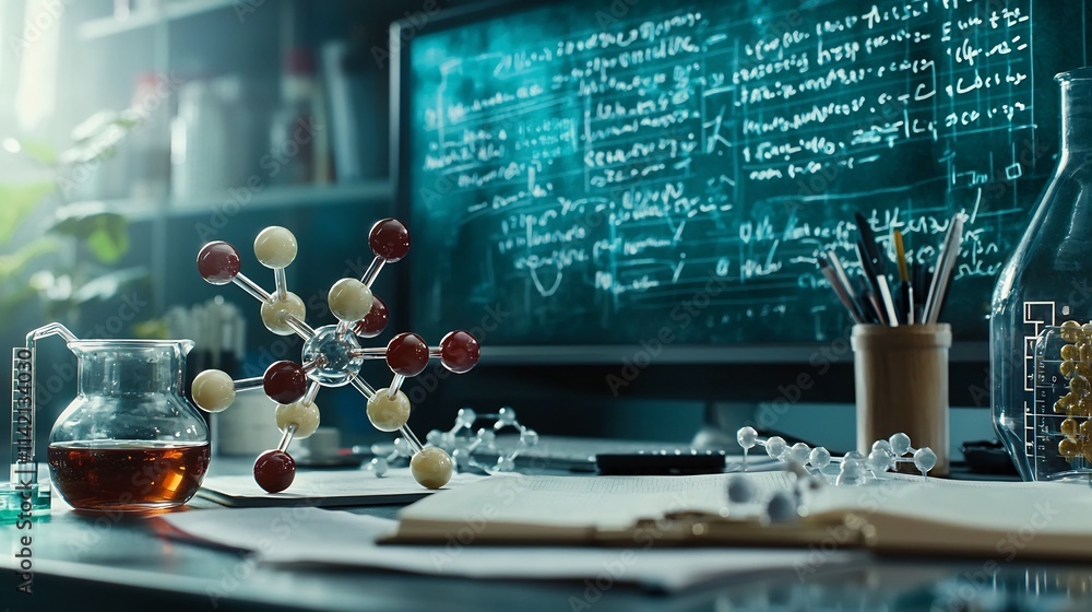 Poster meticulously arranged molecular models showcased on a clean laboratory tabletop with complex scienti