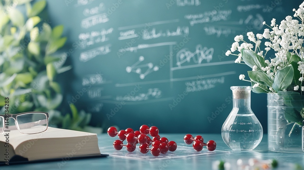 Poster a clean and professional image showcasing various molecular models displayed on a laboratory table w