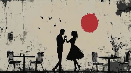 retro illustration of a dancing couple in a street caf&eacute; at sunset &ndash; perfect as a vibrant poster for home decor or a stylish caf&eacute; interior