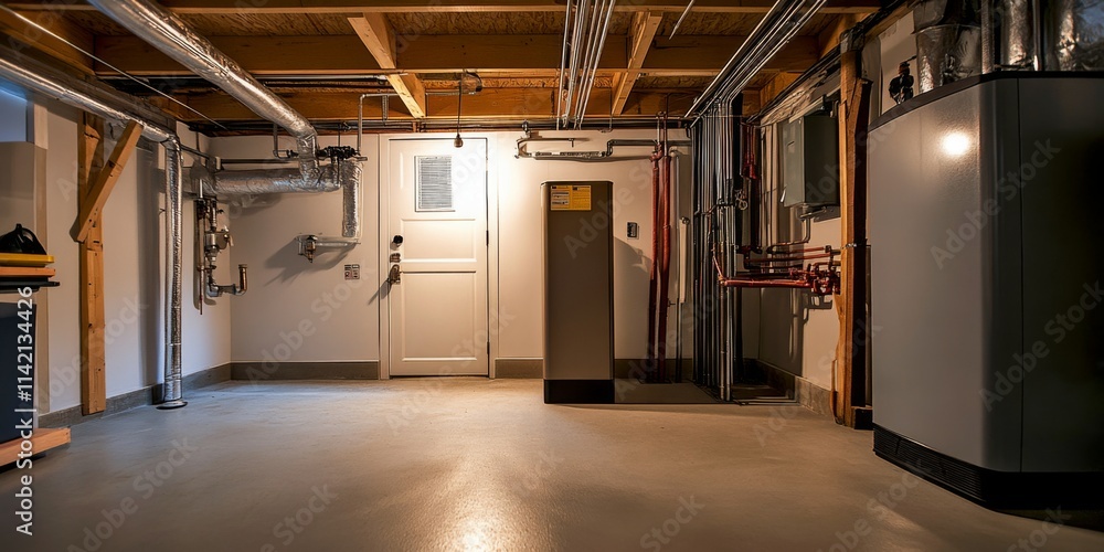 Poster A spacious and modern basement area shows a clean and organized layout. Pipes and utilities are neatly arranged. This space can be used for storage or work. A bright and usable design. AI