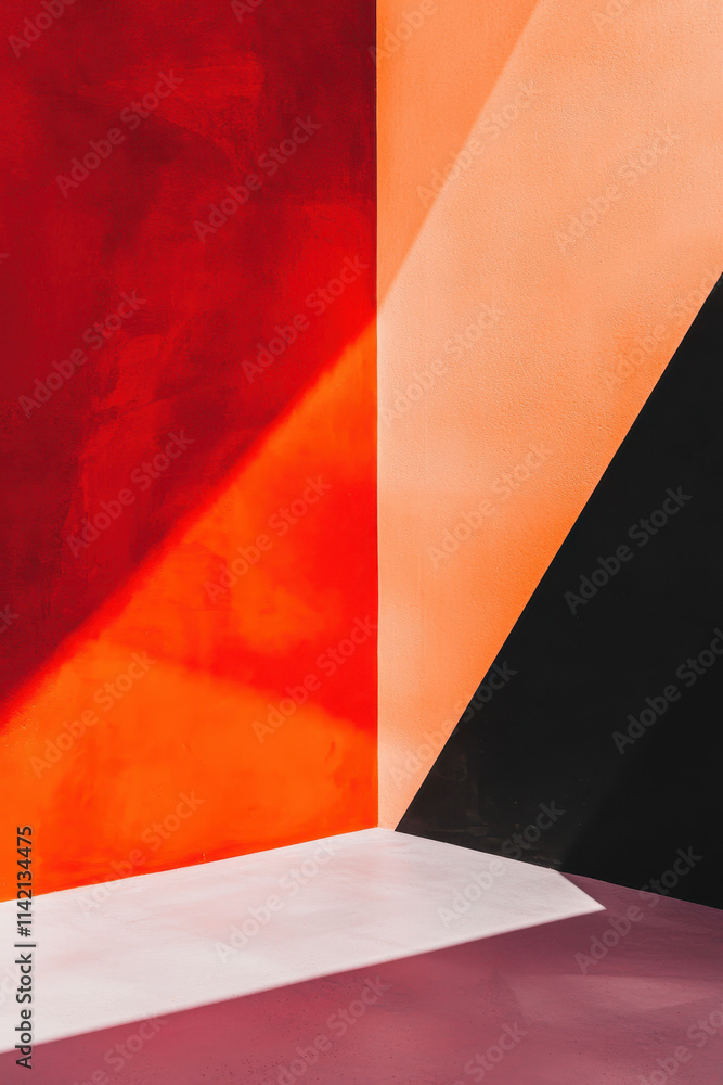 Poster dynamic interplay of light and shadow in modern architectural space showcasing bold colors and geome