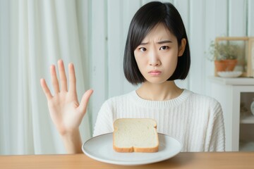 Young woman showing refusal gesture with hand to slice of bread on plate, expressing dietary restrictions or health consciousness