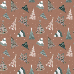 Stylized Christmas trees on a mocha background with stars and snow