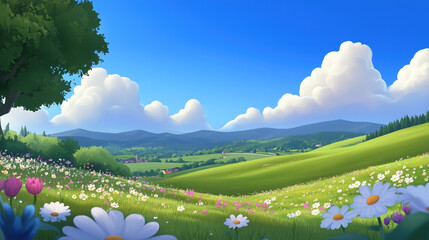 illustration of landscape of Chrysanthemum field and vast grassland 