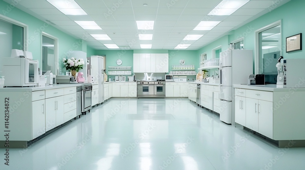 Poster visually balanced shot of an empty pristine modern laboratory with neatly arranged scientific equipm