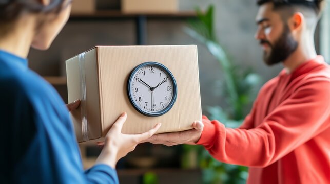 Customer checking the clock while receiving a package, emphasizing punctuality, realistic delivery scene