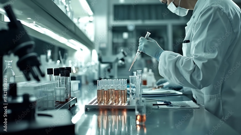 Poster a clean and modern shot of a row of pipettes on a lab stand with a researcher s hands working in the