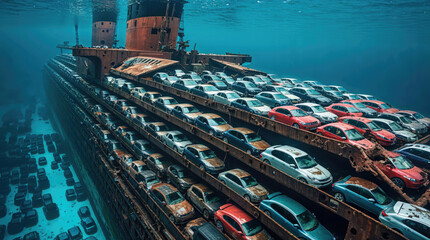 Sunken cargo ship filled with cars underwater wreckage deep ocean