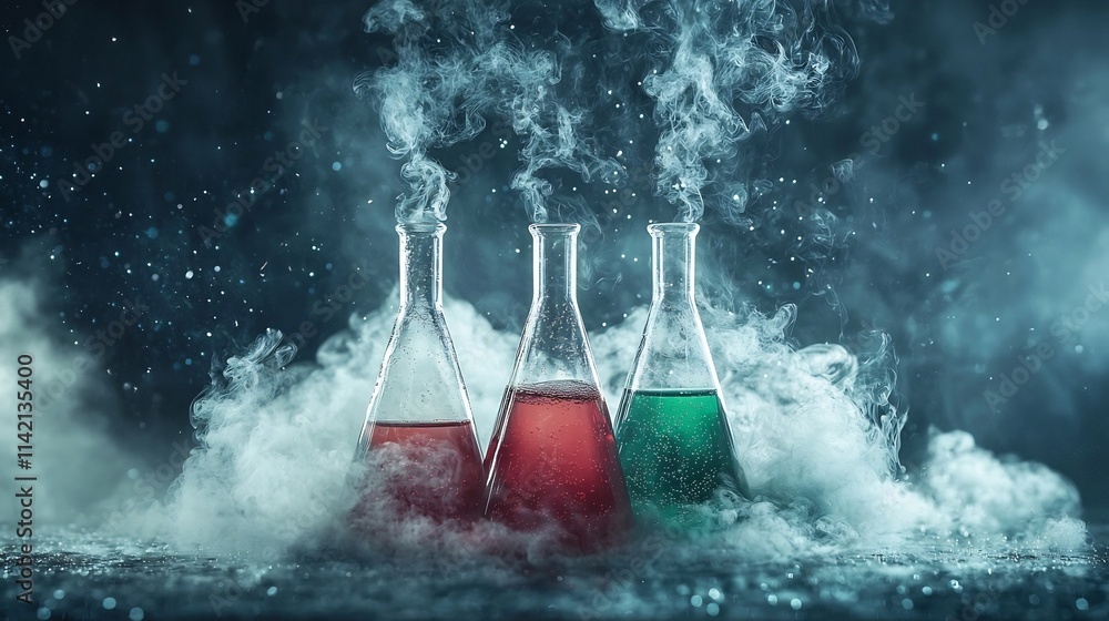 Poster visually balanced composition featuring a variety of chemical glassware with green and red liquids b