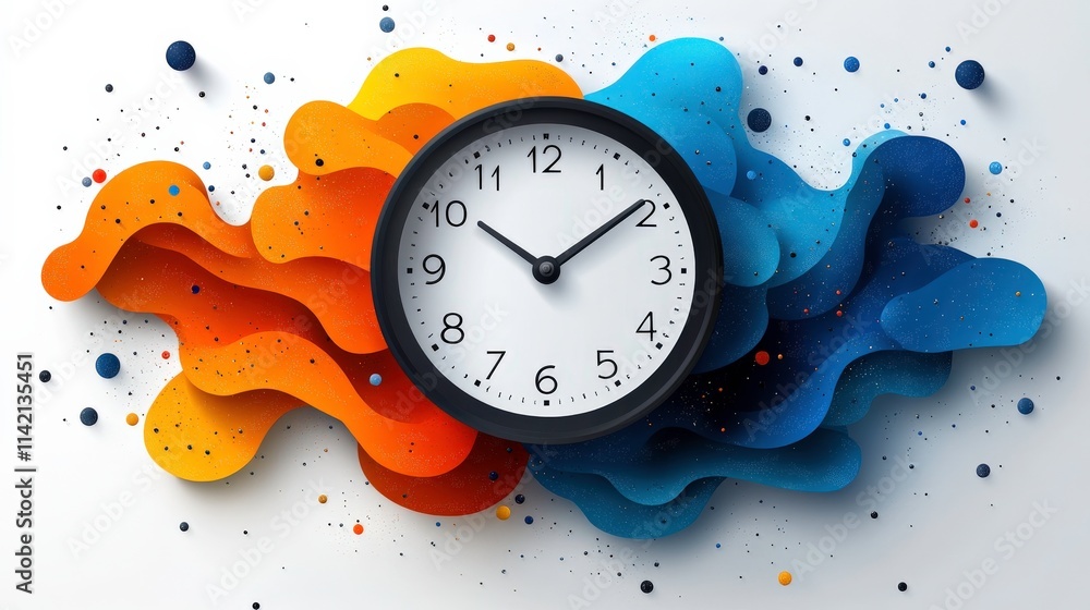 Poster abstract art of a clock on a colorful background with orange and blue waves, representing time and c