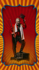 Vintage circus design with ringmaster in red ornate coat holding top hat and cane, posed dramatically against red background. Contemporary art collage. Concept of retro circus, performance. Poster © master1305